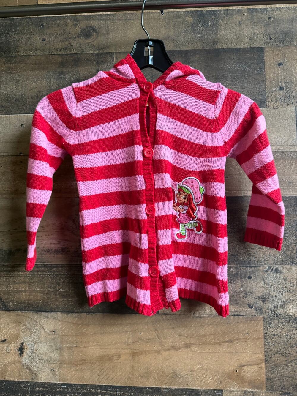 Vintage Strawberry Shortcake Girl Striped Hooded Sweater Cardigan Sz 4T Red/Pink